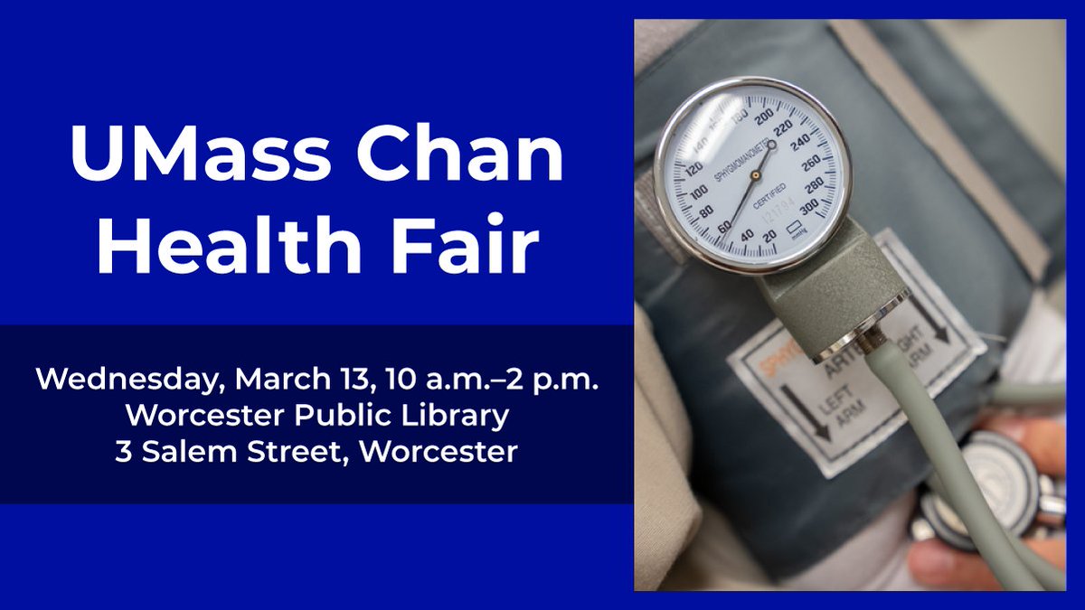 UMass Chan and our community partners are hosting a FREE health fair at the Worcester Public Library on Wednesday, March 13, from 10 a.m. to 2 p.m. Basic health services will be available. Participating orgs include @ChildEquity, @GLFHC.

#Worcester #HealthFair @Worcester_PL