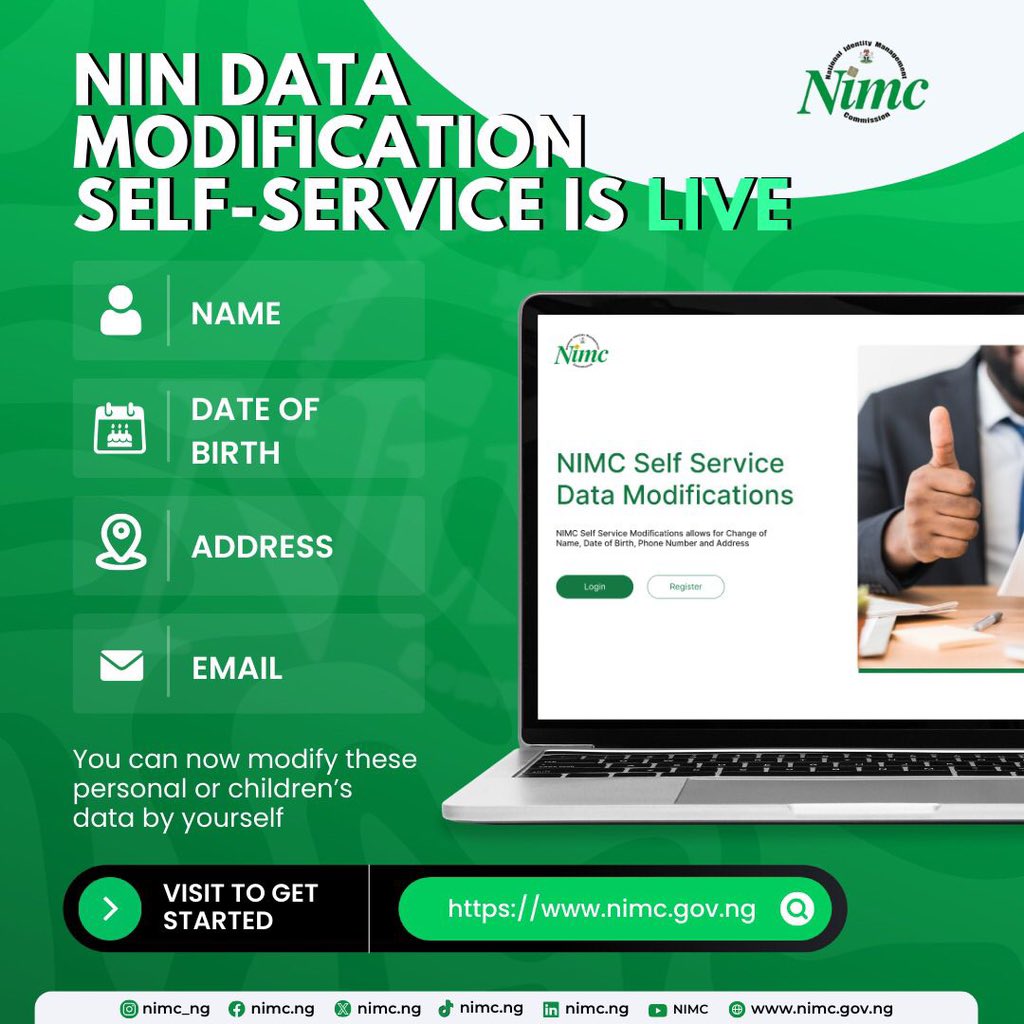 moore_ojo's tweet image. The @nimc_ng data modification self-service is now live. 

Don’t hesitate to modify your name, date of birth, address, and email for yourself and your family.

You can get this done from the comfort of your home. 

Make use of the link👇🏻
nimc.gov.ng

#NINmodification