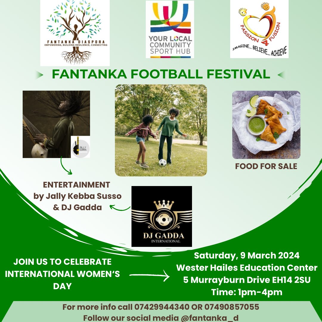 We proudly collaborate with @CSH_Edinburgh & @Passion4Fusion for the Fantanka Football Festival. Join this fun event to connect & build bridges. Entertainment by @JallyK & DJ Gadda. • Saturday 9 March • Wester Hailes Education Center, 5 Murrayburn Drive EH14 2SU. • 1-4pm