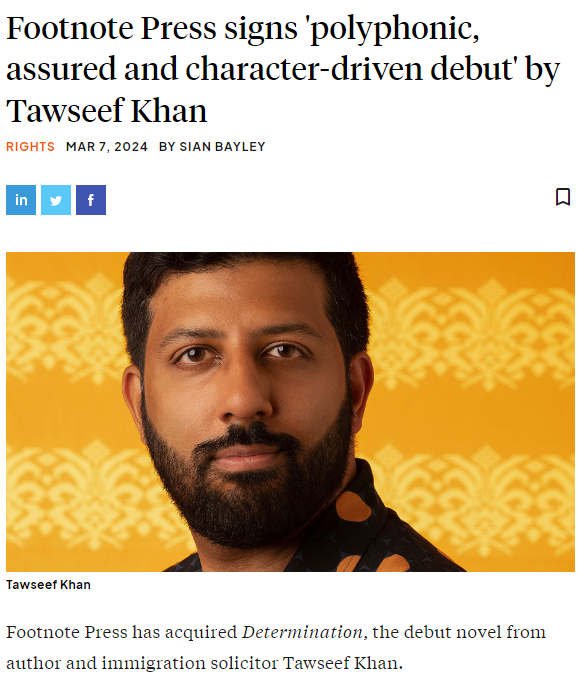 rcwlitagency's tweet photo. “A polyphonic, assured and character-driven debut.” Congratulations to Tawseef Khan (@itsmetawseef), whose debut novel DETERMINATION has been picked up by @WeAreFootnote 🎉 https://t.co/RMxgUBGfQM https://t.co/pwWRujyue4