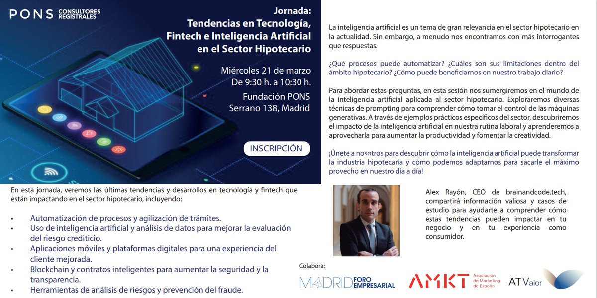 Jornada junto a <a href="/madridforo/">Madrid Foro Empresarial</a> sobre Tendencias en Tecnología en el Sector Hipotecario. Te apuntas?
Nos vemos el próximo miércoles 21 de marzo en Fundación PONS <a href="/FUNDACIONPONS/">Fundación PONS</a> @at_grupo