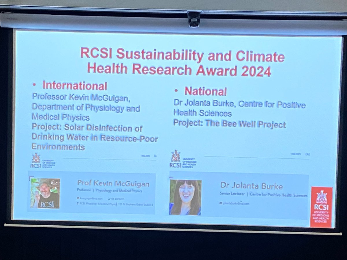 Congratulations to @KGMcGuigan and @JolantaBurke on both being the joint winners of the RCSI Sustainability and Climate Health Research Award 2024! #RCSIResearchDay @RCSI_Irl @RCSI_Engage