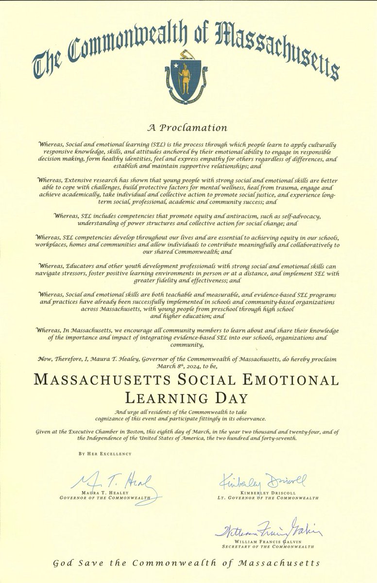 Thank you to @MassGovernor @maura_healey for supporting #SEL throughout the Commonwealth by signing a proclamation declaring Friday as #SELday across MA! Which states will be next? @SEL4USA @urbanassembly @sixsecondseq selday.org selday.org