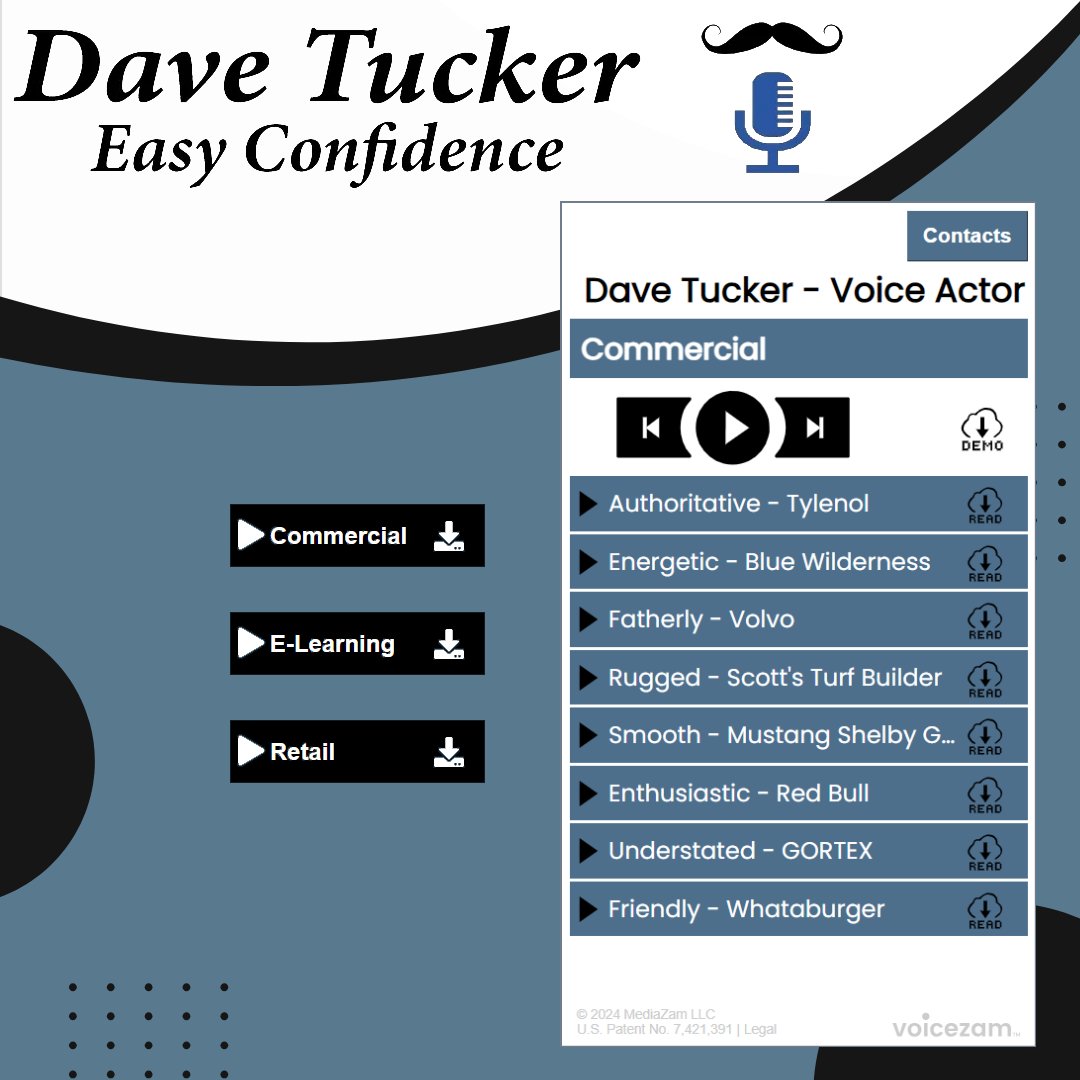 Proud to showcase the incredible voice work of Dave Tucker!

Hear what easy confidence sounds like at davetuckervoiceactor.com/home and see the VoiceZam Player in action!

#voiceactor #commercial #elearning #retail #vodemos #audioplayer #demoplayer #getheard #getVoiceZam