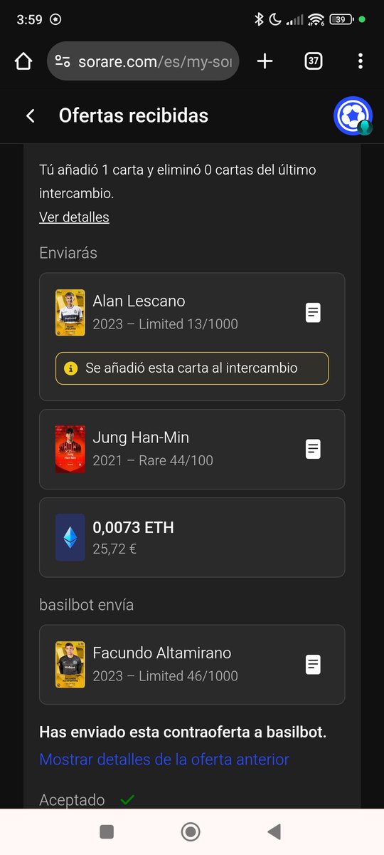 Hey <a href="/basilp_nft/">basilbot</a> i send you a card extra for error. Your counter offer is jung han-min and 0,0073. And i send you Alan Lescano límited in addiction for error. Can i take mi Alan Lescano card back? Thanks!