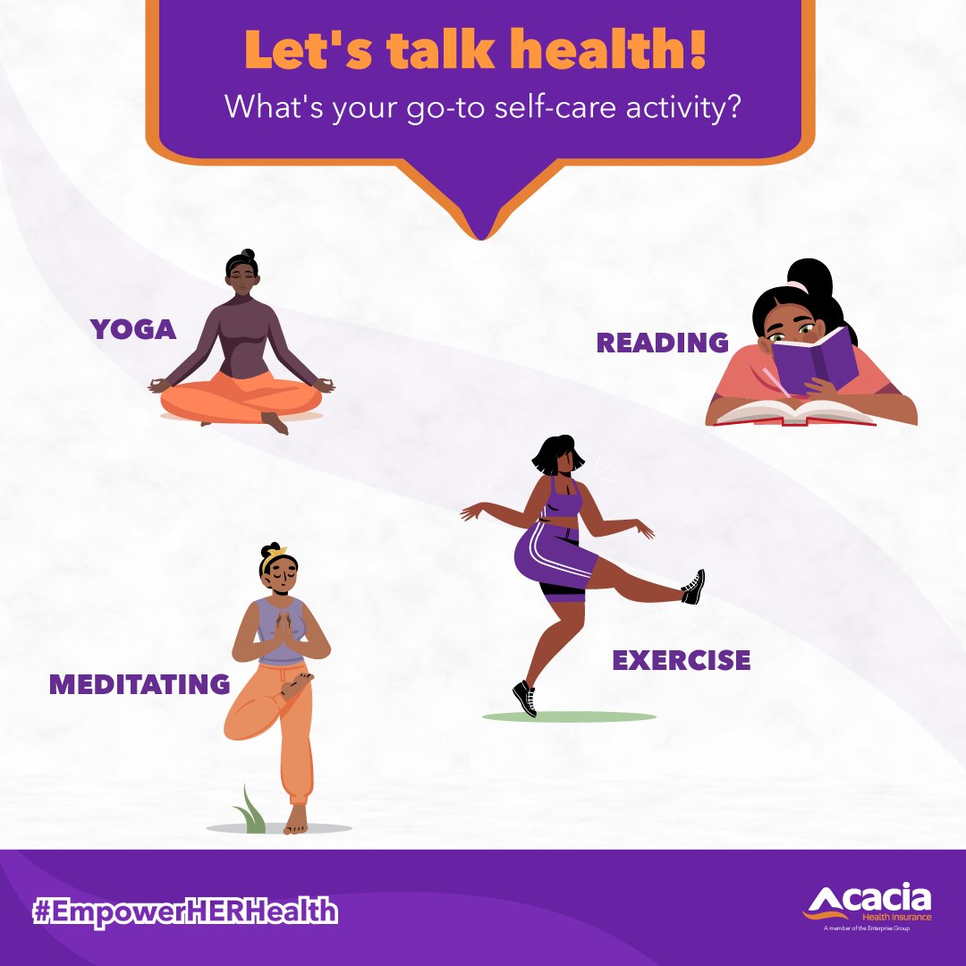 AcaciaHealth2's tweet photo. Self-care is an important part of every woman's health. Which of these is your favourite? If you don't see your go-to activity in the options, then comment below and share it with us.

#AcaciaHealthInsurance
#EmpowerHerHealth https://t.co/DQ1vQWGrBZ