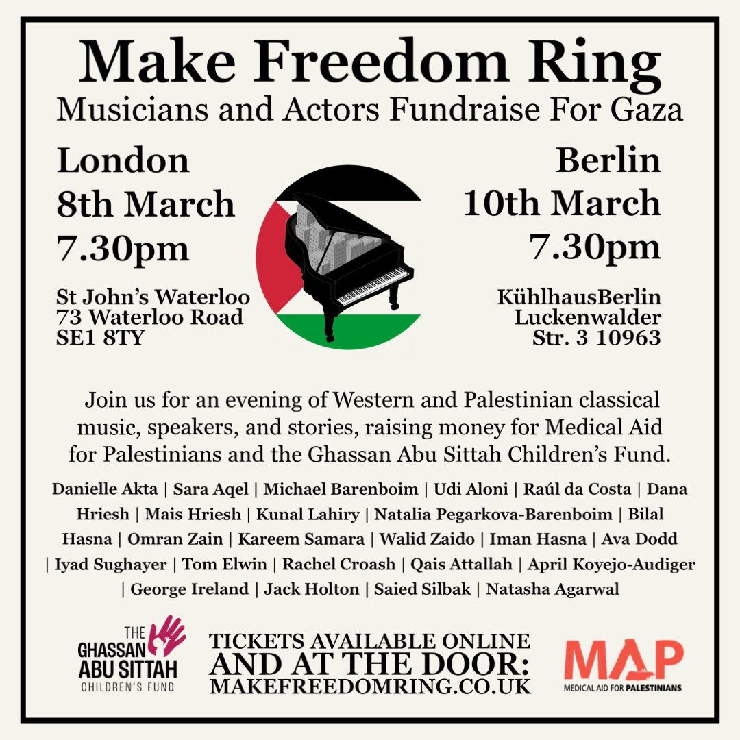 Please try to attend this event tomorrow evening if you're in London. Some fantastic performers will be sharing their art to raise funds to support aid in Gaza. If you can't make it, spread the word and donate! 🙏 makefreedomring.co.uk