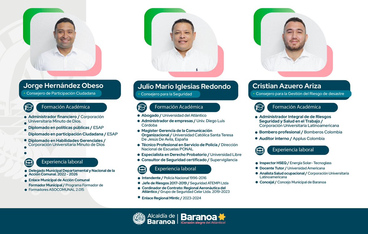 🙌🏻📣¡Bienvenidos! Nuestro equipo crece con la incorporación de Jorge Hernández, Julio Iglesias y Cristian Azuero, quienes trabajarán de la mano de nuestra gente para fortalecer los procesos sociales, de convivencia y seguridad en nuestro municipio. 🫱🏻‍🫲🏼⭐️