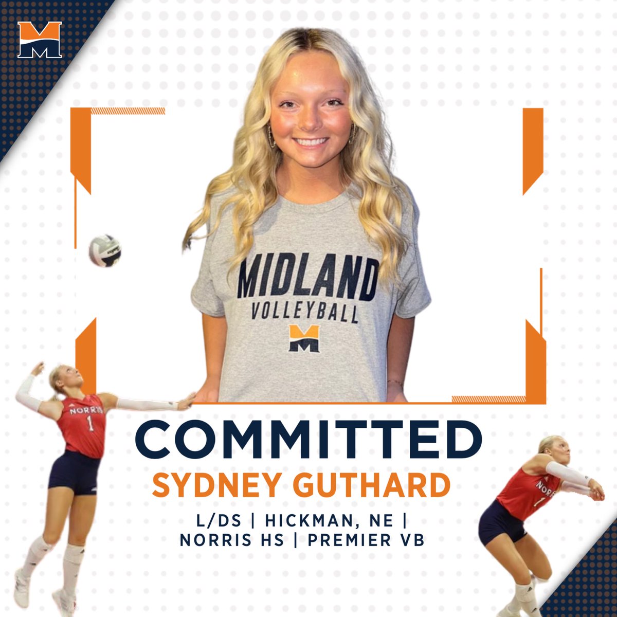 🚨 Commitment Alert 🚨 Congrats to Sydney Guthard on her commitment to Midland volleyball! Sydney joins our program this fall from Norris HS, where she was a 3x Class B state runner-up and contributed to an impressive 126-20 overall team record. Welcome to the family! 🧡💙