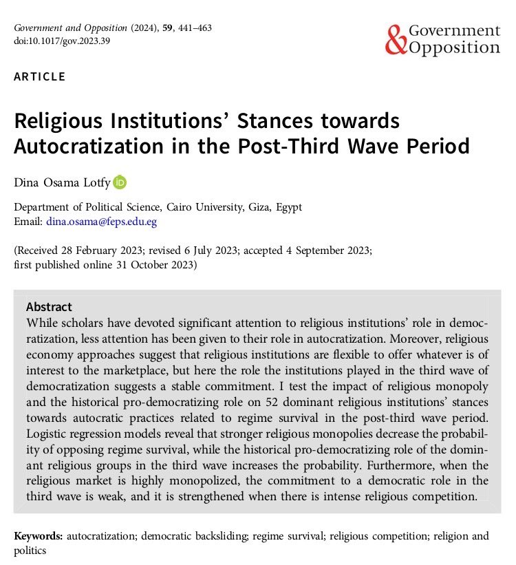 My article is now in the April print volume of @govandopp It analyzes religious institutions' diverse responses to democratic backsliding and regime survival, with religious competition and historical pro-democratic roles as the main explanatory factors. doi.org/10.1017/gov.20…