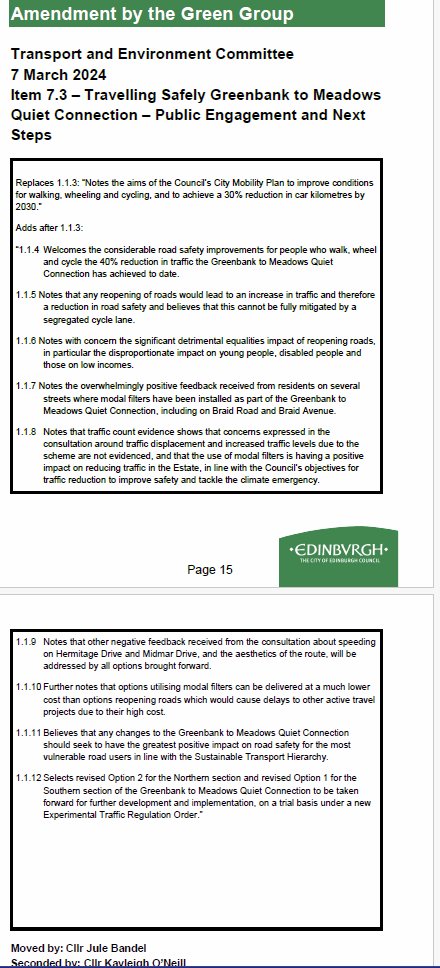 @Edinburgh_CC @CyclingEdin @CllrScottArthur @KatrinaFaccenda @DAstonSNP @FinlayMcF @julebandel @SanneDD @kevin_lang @CouncillorCowdy @harts_cyclery @edi_dot_bike @SW20Ed @SpokesPorty @best_edinburgh @InfraSisters @EdCriticalMass @ibikeEdinburgh @johnrobson87 @Cyclesouthedin @POPScotland @KayleighFONeill @blackfordsafer1 @scotgov @JimDensham @keithirving1 @PathsforAll @CyclingScotland @SP_NetZero @SarahBoyack @patrickharvie @carltonreid @laura_laker @CllrBenParker #Edinwebcast #BraidEstate

😞Voting...
6 - Option 3 (amended), Lab/LD/Con
3 - Opt 1 + seg cycleroute, SNP
2 - Opt 1, Green

Also:
a. Two Option 3 versions will come to cttee for decision soon
b. ETRO still underway, so filters could come back if enough public demand once they go!