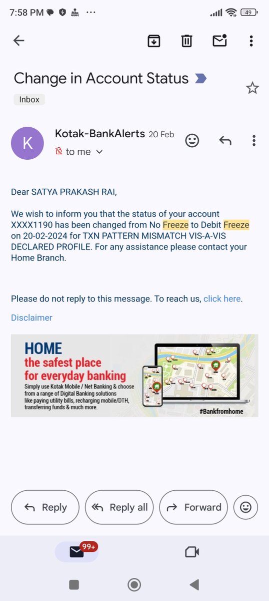 @KotakBankLtd My Kotak Bank A/C 6612481190 Freeze. 20th Feb. Main abhi tak 5 baar branch jaa chuka hu. Mera account abhi tak unfreeze nhi hua hai. @KotakBankLtd @kotak811 @KotakCares @kotakca