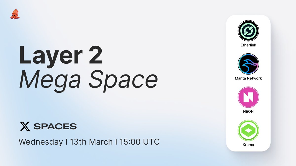 helloSQD's tweet photo. As the L2 race heats up, we look forward to welcoming some innovative L2s in our next Twitter space. 

Ft. @mantaNetwork, @kroma_network, @neon_EVM and @etherlinkcom.

Set your reminder for March 13th at 15:00 UTC, and see you there.

https://t.co/2KNdPElpeY https://t.co/INVk0v2Kdv