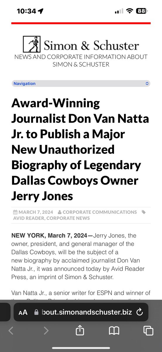DVNJr's tweet image. Some news: I’m writing a book about Jerry Jones. Called “The Star,” my book will trace Jones’s remarkable life story and the astonishing rise of the NFL. Thrilled to be back in Jerry’s World. Coming in 2026 from @AvidReaderPress, a @simonschuster imprint. about.simonandschuster.biz/news/jerry-jon…