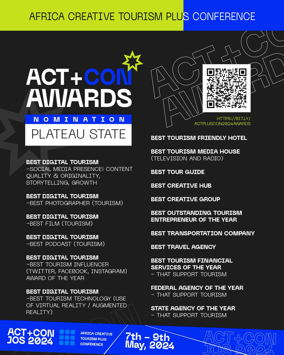 africtplus's tweet photo. 🏆 @africtplus announces a call for entries and nominations to the Africa Creative Tourism Plus Conference #ACTPLUSCONJOS2024 Awards.
The awards are open to creatives in digital tourism, creative hubs, creative groups, a tourism-friendly hotel, tourism-friendly television 👇 https://t.co/dRmZmGAAst