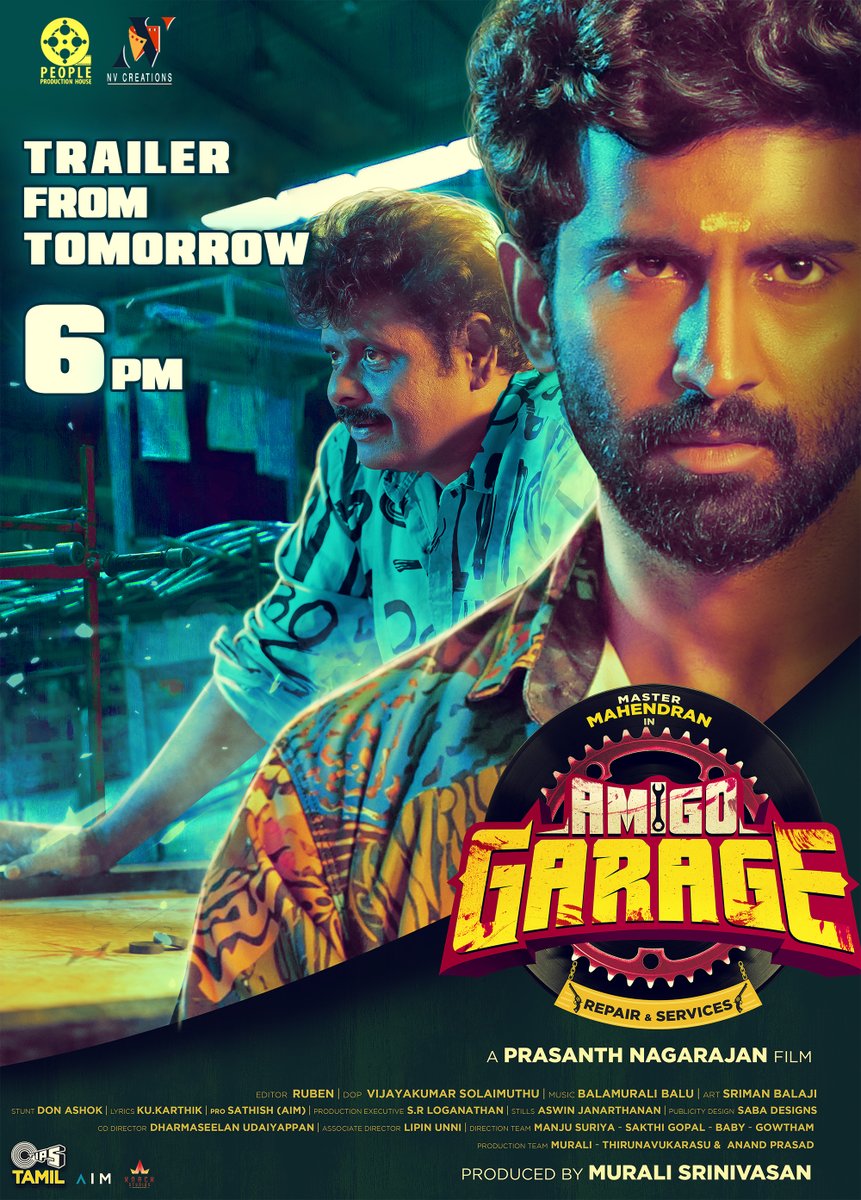 #Amigogarage Trailer Releasing from Tomorrow 6pm @Actor_Mahendran @prasanthryk @GMSundar_ @AntonyLRuben @composerbala @kukarthik1 @tipsmusicsouth @sharanyalouis @sabadesigns213 @actor_uday15 @aswinvg1 @srishamurali @vijayakumardop @teamaimpr @Dr_Deepabalu @ActionJe…