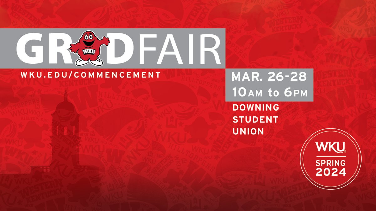 🎓 May grads, don't miss out! Join us at the Spring 2024 Grad Fair in DSU from March 26-28. Cap and gown pickup, portraits, class rings, grad programs, and @WKUAlumni Association info—all in one convenient spot! Learn more at bit.ly/3iC1Juw #WKU #WKUGrad #WKU2024