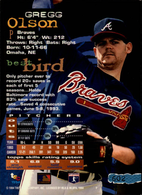 BravesStats's tweet photo. 1994 Stadium Club may be my favorite set of all time. 

Did you know? @GreggOlson30 was first ever to record 20+ saves in his first 5 seasons.

(Only Jonathan Papelbon, Craig Kimbrel, Roberto Osuna since. Note this allows pre-rookie seasons of less than 50 IP / 45 roster days.) https://t.co/0jNY4gtDbY
