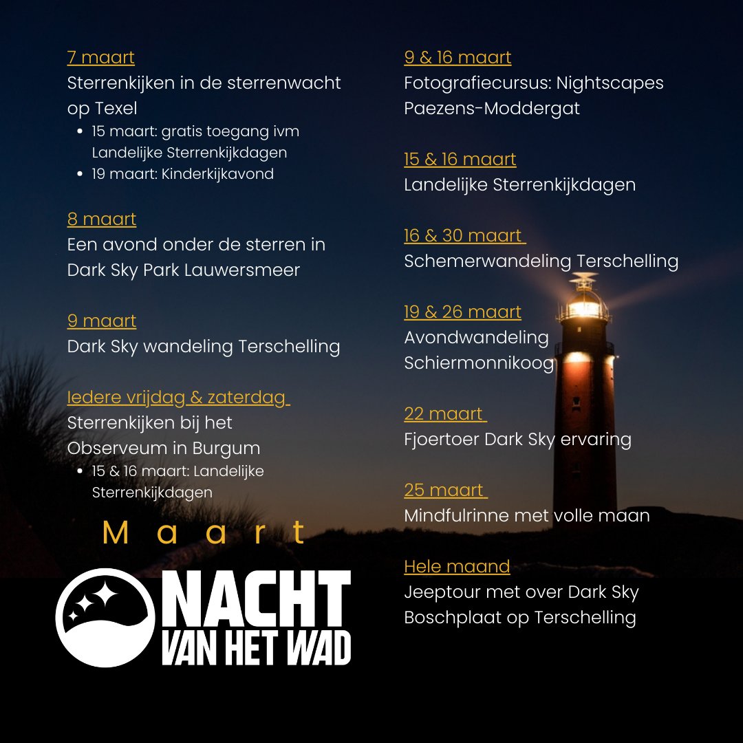 15 en 16 maart zijn de #LandelijkeSterrenkijkdagen, door heel het land kun je (vaak gratis) #sterrenkijken! Op knvws.nl kun je het hele overzicht zien. Daarnaast zijn er de hele maand mooie #nachtactiviteiten op het #Wad --> nachtvanhetwad.nl/activiteiten/