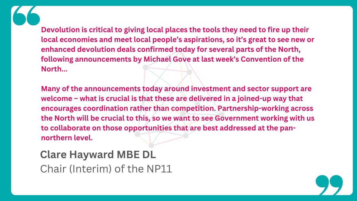 New devolution deals were confirmed in the Spring Budget yesterday, following <a href="/michaelgove/">Michael Gove</a>'s announcements at #COTN24.

While the North is leading the way, we need to ensure all regions benefit. Collaboration is key for maximum impact.

Read more here: np11.org.uk/2024/03/np11-r…