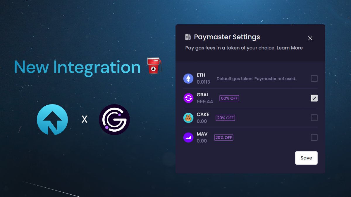 ⛽️ New Integration at Zyfi! @gravitaprotocol users can now pay gas with GRAI, and enjoy a 60% discount on @zksync. You can also pay with other ERC-20 tokens like @PancakeSwap and @mavprotocol tokens as gas with a 20% discount. To set up your Paymaster preferences: ✅ Select…