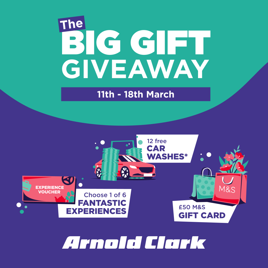 The Big Gift Giveaway is now on! Buy a car between 11th and 18th March and choose from either 12 free car washes*, 1 of 6 fantastic experiences, or a £50 M&S gift card. What better way to celebrate getting a new car? *One car wash per month for 12 months. T&Cs apply.