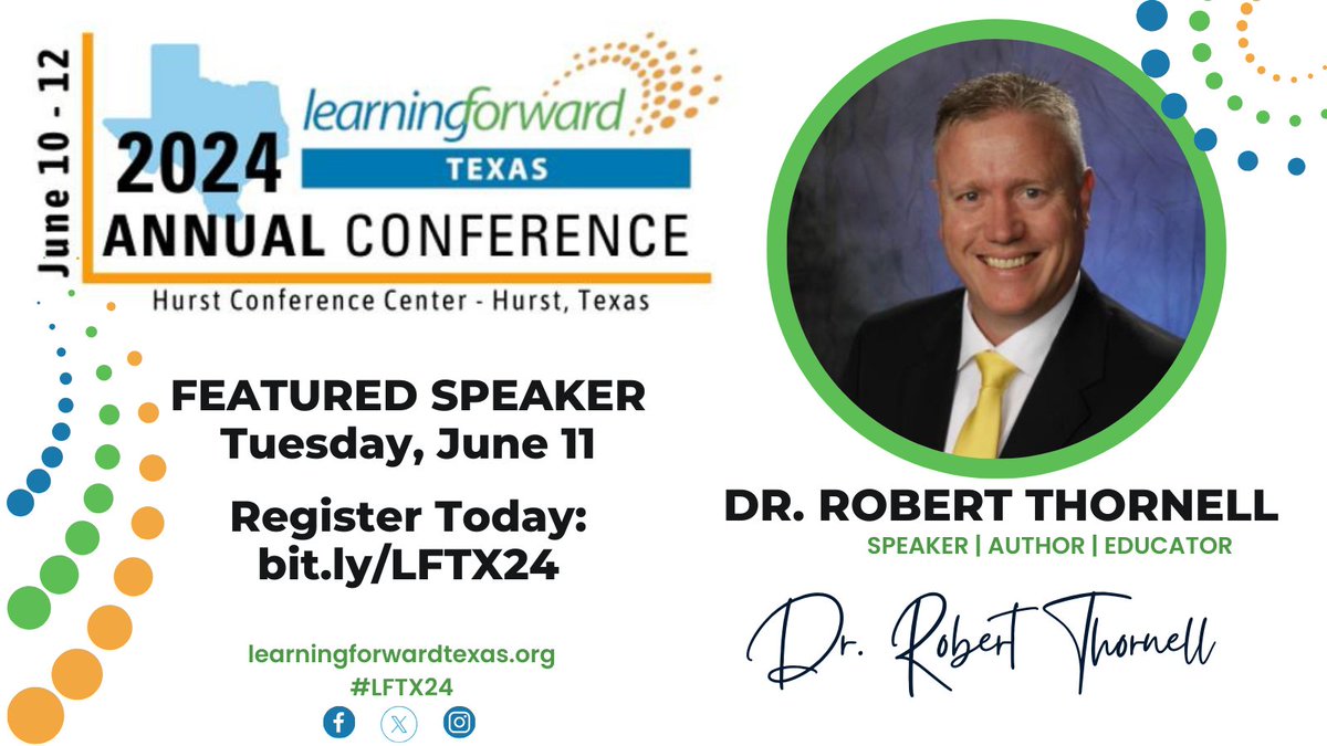 Dr. Robert Thornell is returning as a Featured Speaker to the Learning Forward Texas Conference! You don't want to miss the opportunity to learn from this leader! #LFTX #LFTXLearns #LFTX24 #LFTX2024 Register today: bit.ly/LFTX24