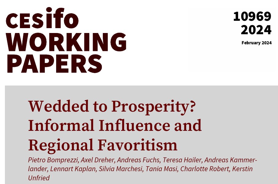 Wedded to Prosperity? Informal Influence and Regional Favoritism | @BomprezziPietro @DreherAxel , @fuchs_andreas Teresa Hailer, Andreas Kammerlander, @LennartKap , @SilviaMarches12 @TaniaMasi1 @CharlotteRbrt Kerstin Unfried #EconTwitter cesifo.org/en/publication…