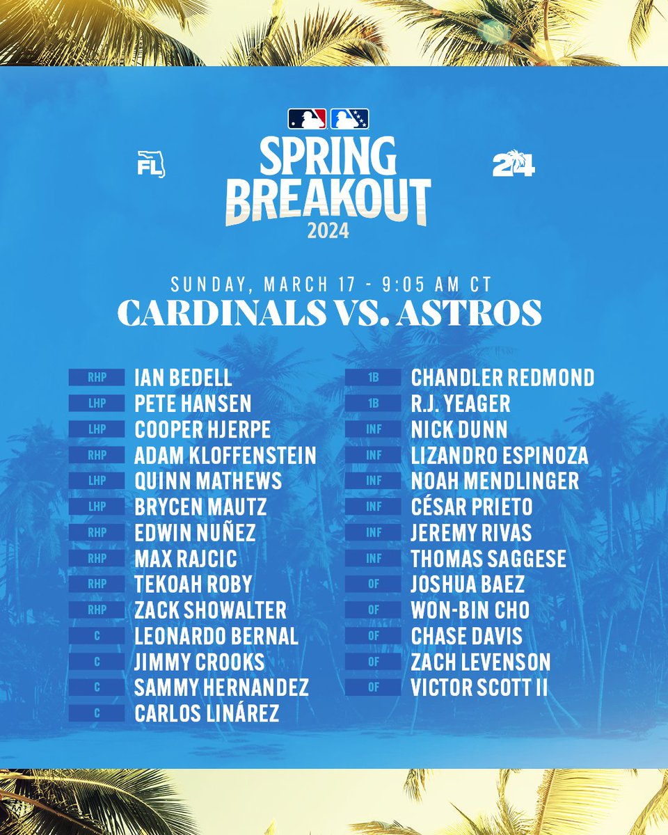 CardsPlayerDev's tweet photo. Rosters for our #SpringBreakout games have been revealed, featuring all 10 players listed in @MLBPipeline's Top 10 prospect rankings and 26 of the Top 30.

The March 15 game will be shown live on MLB Network at 1:05 PM CT and the March 17 game will be streamed live on MLB TV at 10:05 AM CT.