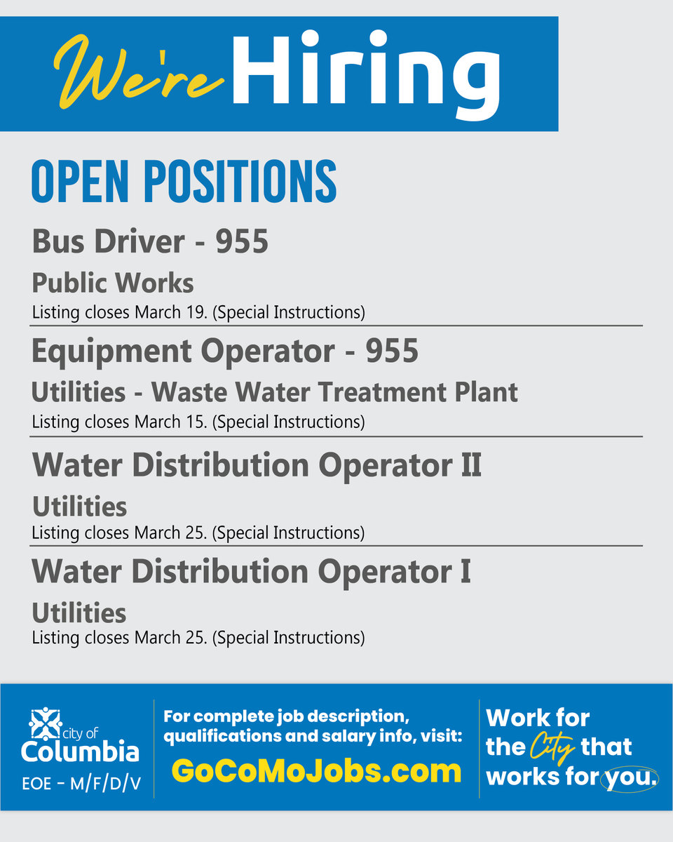 The City of Columbia is hiring! City employment comes with an excellent compensation package including medical, dental and vision insurance, paid time off, education and retirement benefits and more! To view up-to-date salaries and job descriptions, visit GoComoJobs.com/postings/search