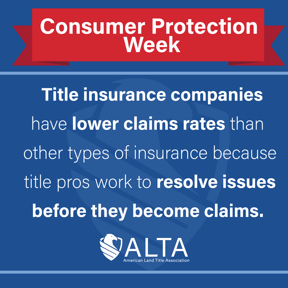 🚨 It's #ConsumerProtectionWeek!
👀 Title #insurance is not like other kinds of insurance.
💡 Title insurance companies have lower claims rates than other types of insurance because title professionals work to resolve issues BEFORE they become claims!
#realestate