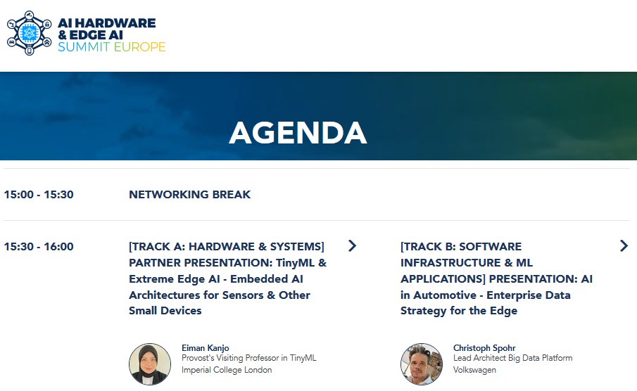 I will speak at the  AI Hardware &amp;  Edge AI Summit Europe, in the  HARDWARE &amp; SYSTEMS: TinyML &amp;  Extreme Edge AI - Embedded AI Architectures for Sensors &amp; Other  Small Devices,  I will also be representing #tinyMLFoundation and the great work we do to democratise AI, 
"tiny