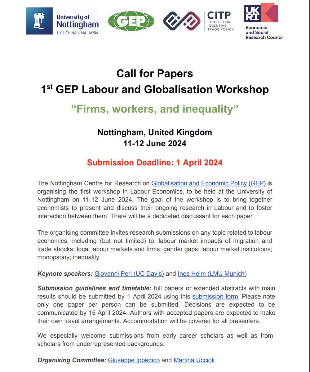 🥁 Call for Papers 🥁

Come to Nottingham to present your Labour paper!

Small in-person workshop and exciting keynotes <a href="/giov_peri/">Giovanni Peri</a> &amp; @ineshelmecon 

🏹 Info and application here: t.ly/loEeE  🏹