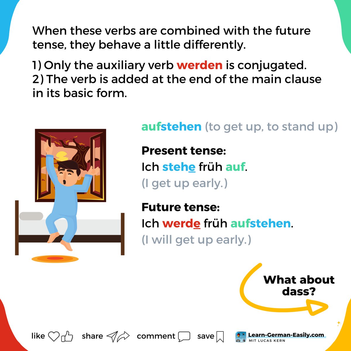 LearnXDGerman's tweet image. 🇩🇪

⚫🔴🟡 How do you use separable verbs in German with future tense and conjunctions like dass?

Don&apos;t worry: I&apos;ll explain everything now. 😉

Learn more about separable verbs:
learn-german-easily.com/german-prefix

___
#learngermaneasily #germangrammar #speakgerman