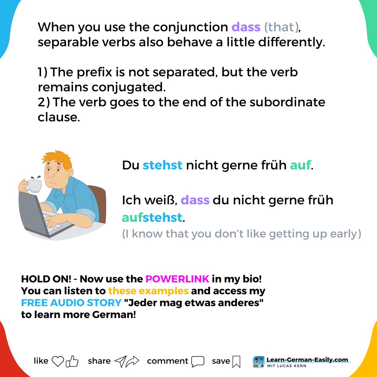 LearnXDGerman's tweet image. 🇩🇪

⚫🔴🟡 How do you use separable verbs in German with future tense and conjunctions like dass?

Don&apos;t worry: I&apos;ll explain everything now. 😉

Learn more about separable verbs:
learn-german-easily.com/german-prefix

___
#learngermaneasily #germangrammar #speakgerman