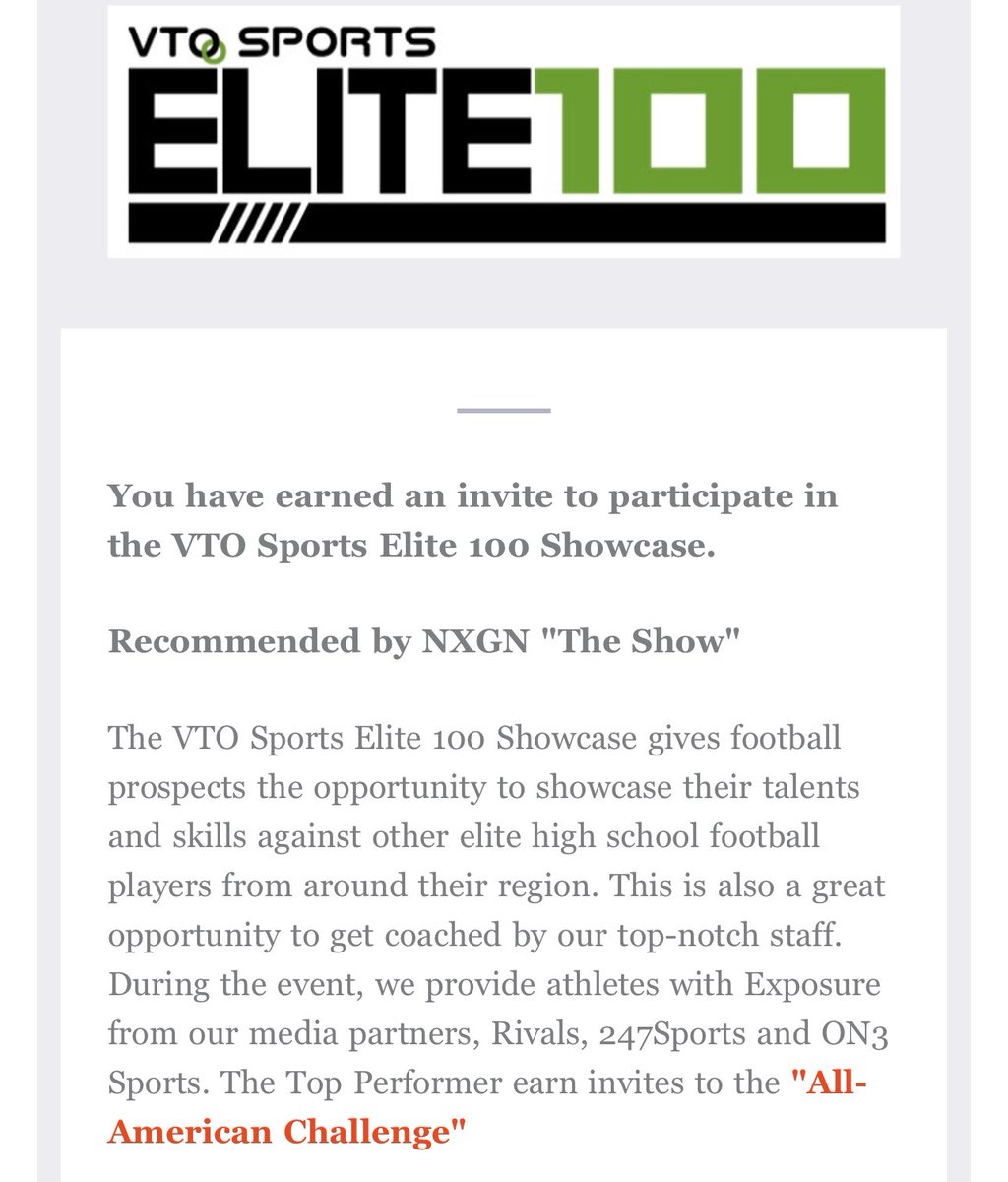 Thank you @VTOSPORTS for the invite to the Elite 100 camp‼️ I appreciate the opportunity. @BandysFB @realfarleyfam @CoachBHicks @coachwiggins23