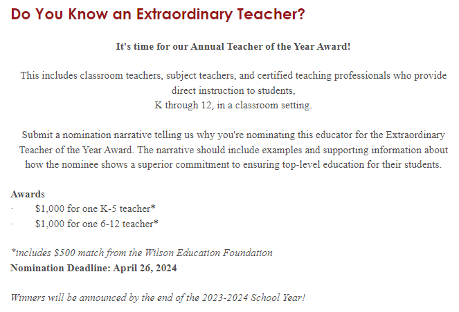 We have lots of great teachers at CT. Consider taking the time to nominate one of them for the Annual Teacher of the Year Award. The deadline is April 26.

Click the link for more information and to submit a nomination:  sunfederalcu.org/resources/abou…

#wilsonsd #wilsonct