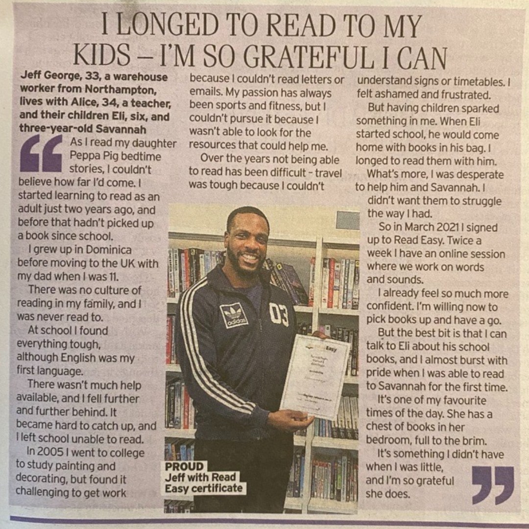 Read Easy provides free, confidential, one-to-one reading coaching to adults who want to learn to read 📖 Adults like Jeff, who wanted to be able to read to his children at bedtime 📚 Donate: readeasy.org.uk/donate/ #WorldBookDay #WorldBoodDay2024 #WBD2024 #AdultLiteracy