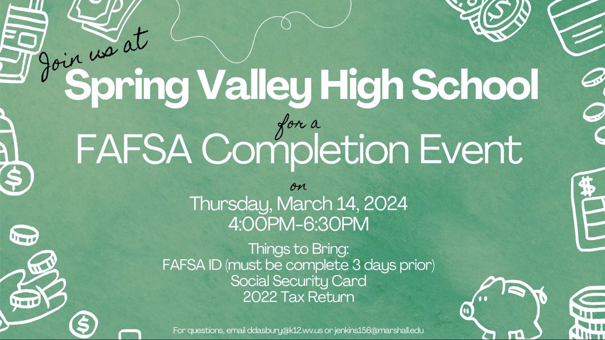 MUHATSProgram's tweet image. Money, money, money
Must be funny 💵💰💵 

See you Spring Valley High School on March 14th for a FAFSA Completion Event.