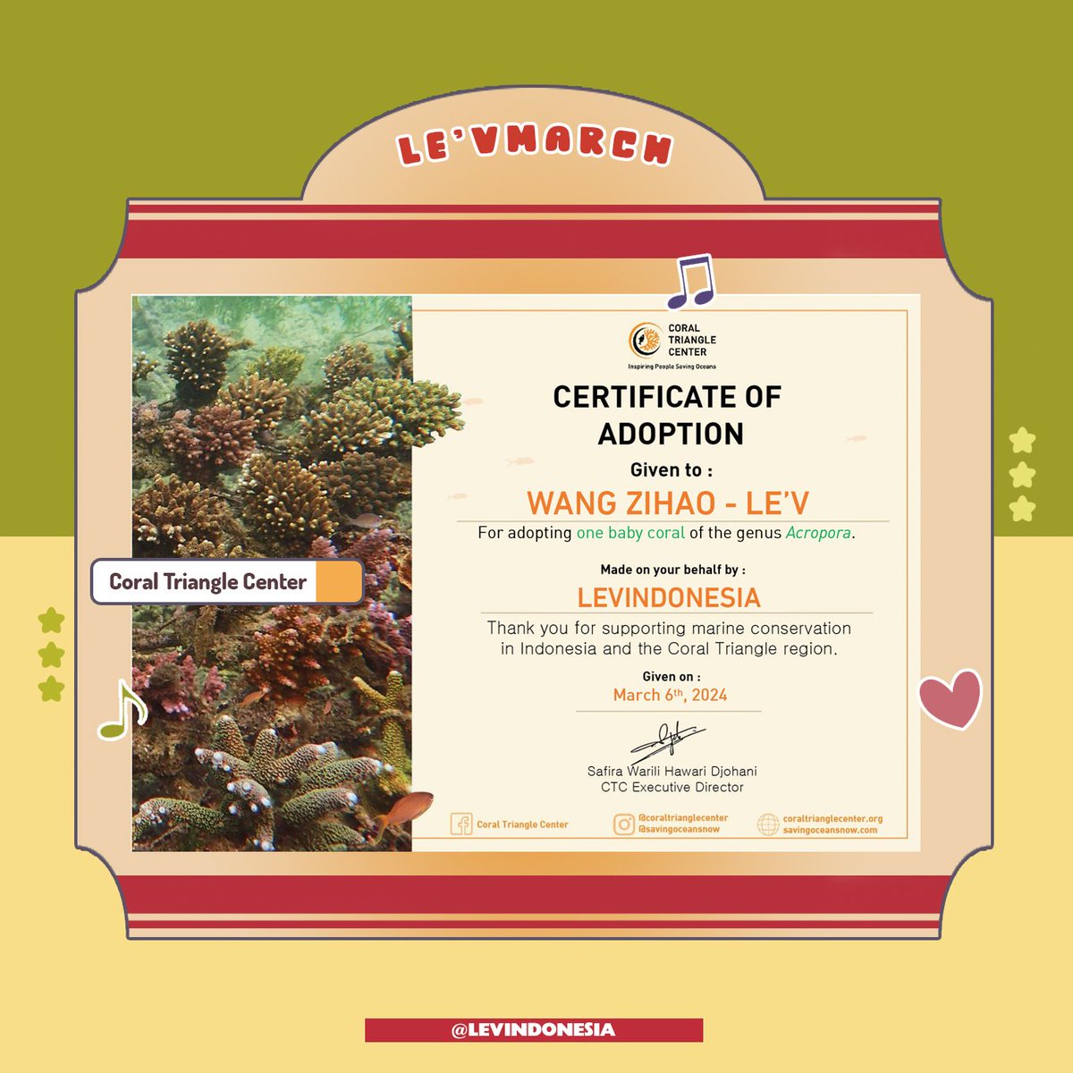 LEVINDONESIA's tweet photo. 📢 #LEVMARCH Birthday Project🎂

[Part 05]

Adopsi Bayi Coral dari Genus Acropora Atas Nama Wang Zihao LE'V.
Melalui Coral Triangle Center untuk Merayakan Ulang Tahun Wang Zihao LE'V ke 23 tahun. 

#HAPPY_LEV_DAY
#WANGZIHAO #王子浩 #레비 #LEV #レビ

@LEV_Official_ @LEV_OFFICIAL_JP