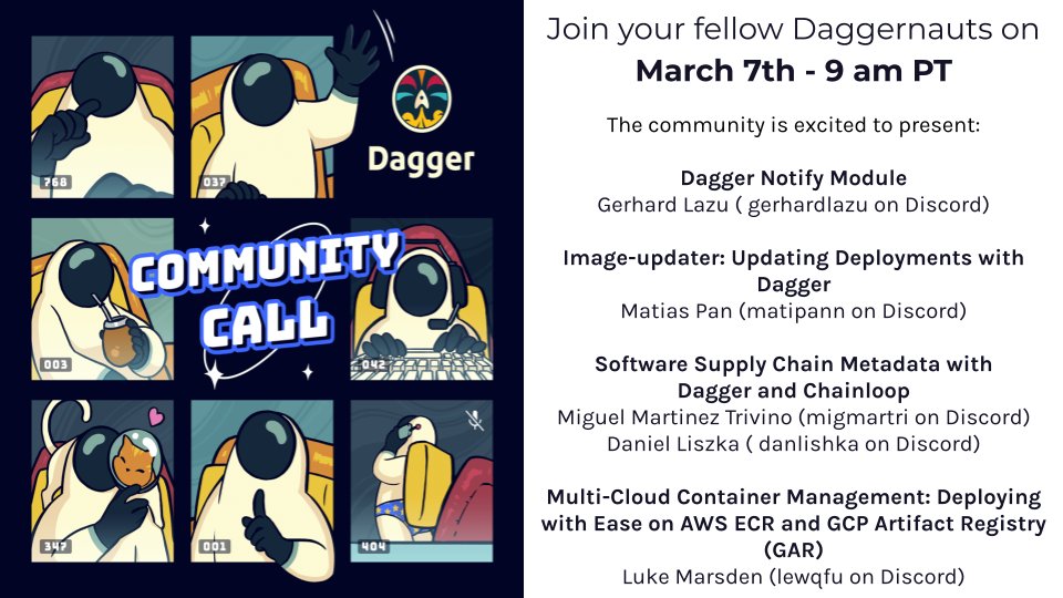 Starting in 1 hour - Live demos from @matiaspan26, @lmarsden, @gerhardlazu, and @chainloopHQ on the Dagger Community Call. See you there! dagger-io.zoom.us/webinar/regist…