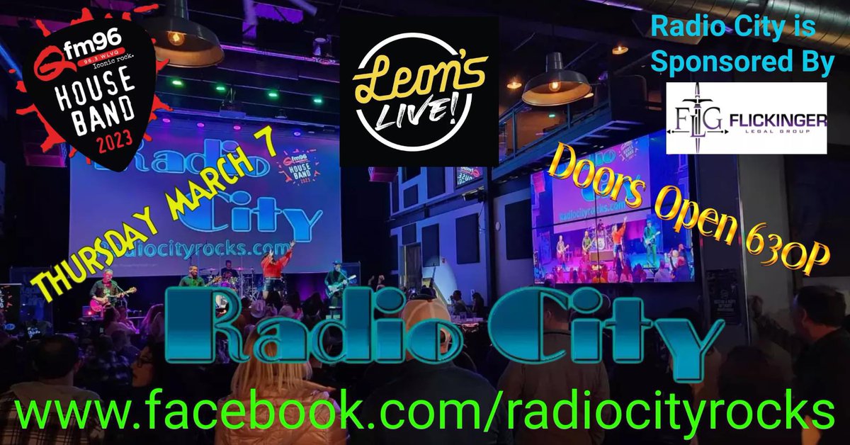 Tonight!  Current Qfm96 house band Radio City kicks things off at 7pm at Leon's Garage
Doors at 6PM, $5 cover. Its a great night of community and local music, come join the fun. 
Event Link - fb.me/e/7b1LH1Zy5
Radio City is sponsored by Flickinger Legal Group- 614-944-5055