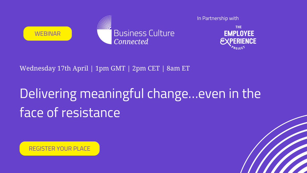 Join us on April 17th for a discussion on delivering meaningful change… even in the face of resistance. Speakers will discuss change and transformation initiatives, methods used to measure success and more. Hosted by @katie_jacobs. Register at businesscultureawards.com/webinar-17apri…