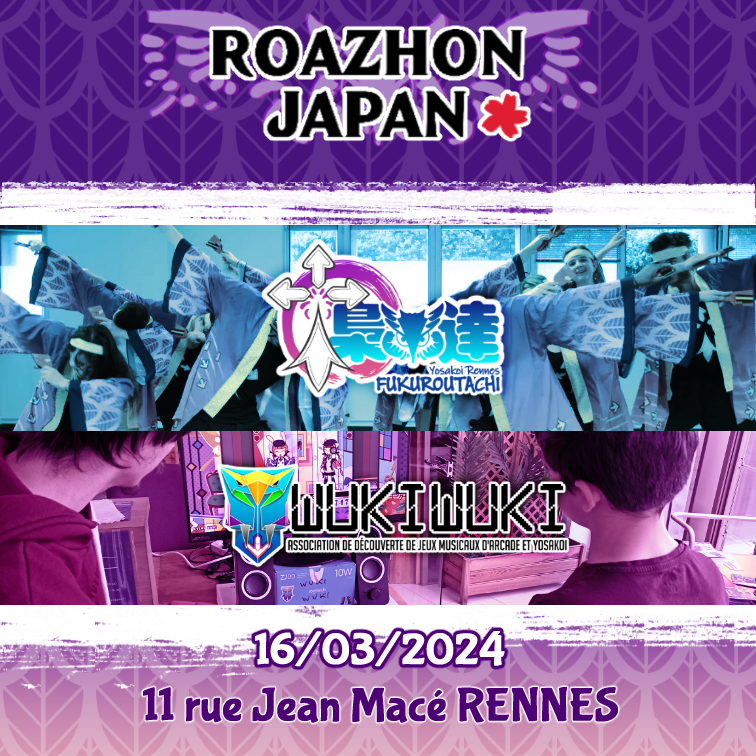 WUKI WUKI (@assowukiwuki) on Twitter photo WukiWuki sera de nouveau présent à Roazhon Japan pour cette édition 2024 ! DDR, Project Diva, Taiko et nos super staffs vous attendront à l'IGR-IAE de Rennes de 10h à 19h le samedi 16 mars. Et profitez-en pour passer voir les Chouettes de <a href="/fukuroutachi/">Fukuroutachi Yosakoi Rennes</a>, notre troupe de Yosakoi ! WukiWuki sera de nouveau présent à Roazhon Japan pour cette édition 2024 ! DDR, Project Diva, Taiko et nos super staffs vous attendront à l'IGR-IAE de Rennes de 10h à 19h le samedi 16 mars. Et profitez-en pour passer voir les Chouettes de <a href="/fukuroutachi/">Fukuroutachi Yosakoi Rennes</a>, notre troupe de Yosakoi !