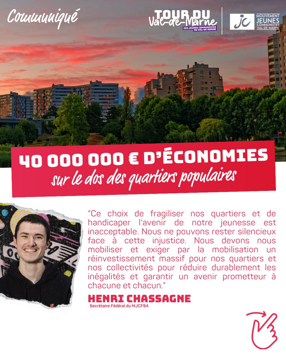 🔴 Communiqué : Économie de 40 000 000 d’euros sur le dos des quartiers populaires.

Pour te mobiliser contre ces politiques régressives, rejoins-nous ! (1/2)

#valdemarne #qpv #quartierspopulaires