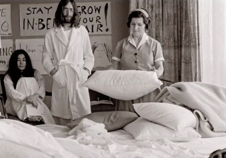 • John and Yoko waiting for the maid to make the bed so they can protest against the system (1969)
