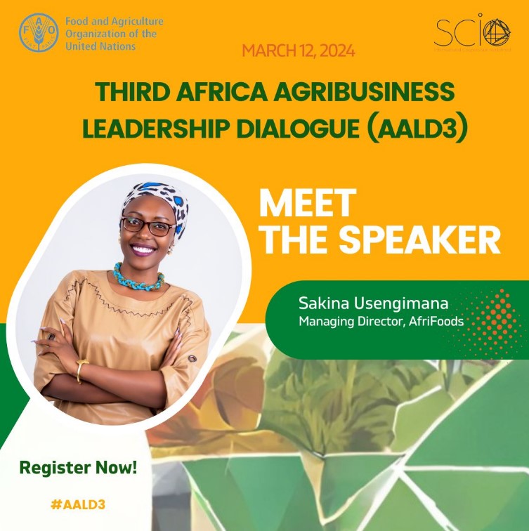FAORwanda's tweet photo. 💡 FAO's 3rd Africa Agribusiness Leadership Dialogue is next week!
Ms. Sakina Usengimana, Chairperson @ryaf_agribiz
and CEO @AfrifoodsRw will speak at the event.
📷 Tuesday, March 12, 9am-1pm GMT
Register now https://t.co/H0cnth148Q
#AALD3 https://t.co/G0LnyGfIdY