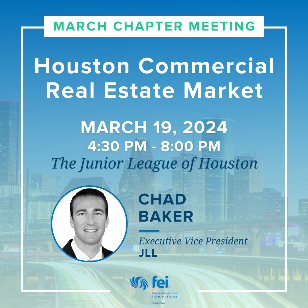 Have you RSVP'd? You don't want to miss out -- join us on March 19 for our Chapter Meeting "Houston Commercial Real Estate Market" featuring Chad Baker, Executive Vice President at JLL. Register by March 15: bit.ly/3uH0bJ4