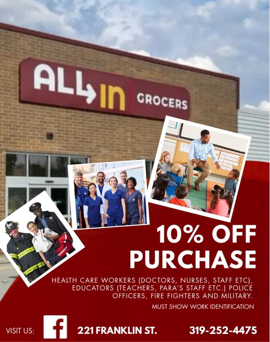 This is our way of saying we appreciate you!

Starting today All In Grocers is offering a 10% discount to the following professions:

* Educators (includes teachers, para’s, and staff)

* First responders (includes police, fire, EMT’s, etc)

* Healthcare workers (doctors, nurses