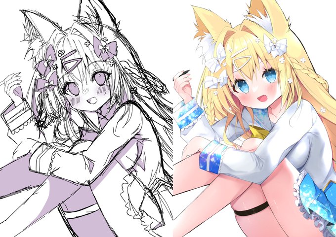 #このタグを見た人はラフ画とその完成絵を見せる
だいたいこんな感じ🦊✒ 